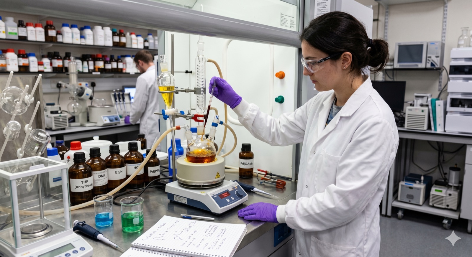 Scientist preparing a custom synthesis in a chemistry laboratory